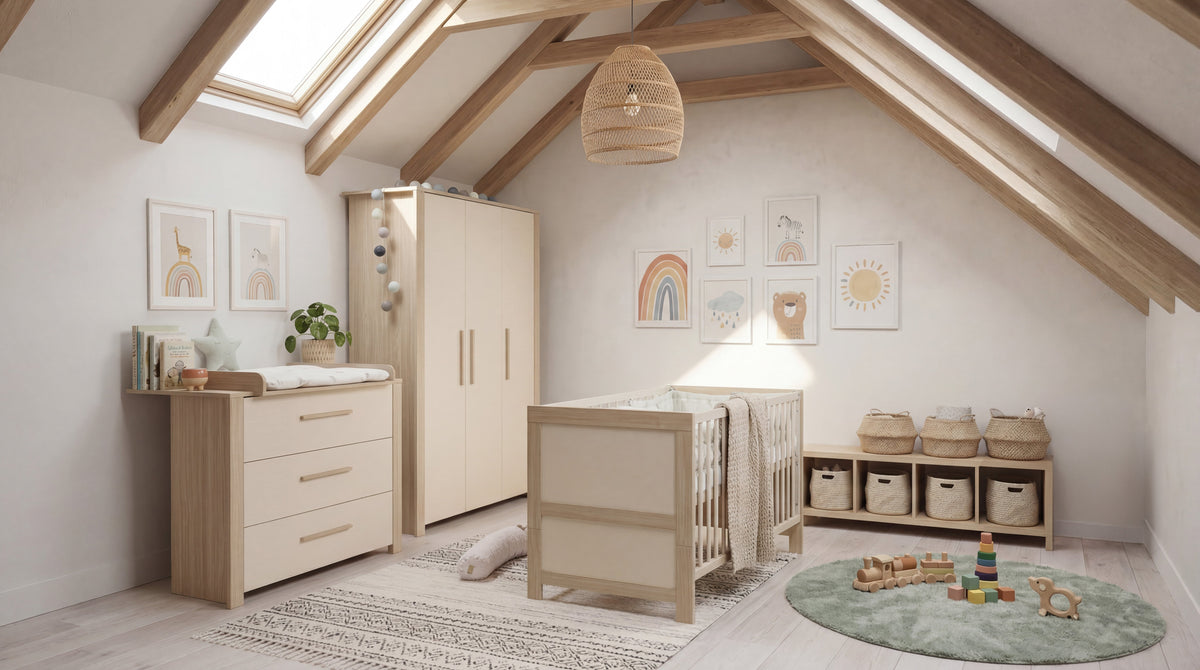 Vorschaubild Möbelkollektion Momo in Cashmere / Holzdekor - 3-teiliges Zimmerset inkl. Babybett + Wickelkommode + Kleiderschrank 3-türig im Milieu