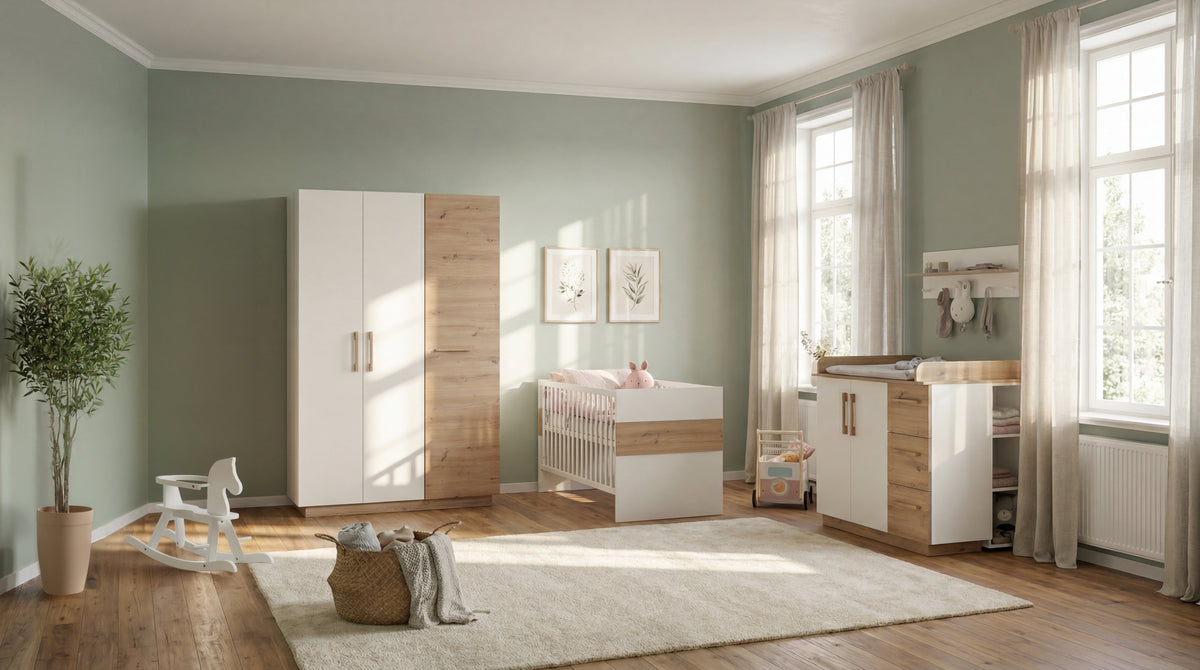 Vorschaubild Kollektion Lion - Kinderzimmerset im Milieu 3-teilig, Artisan Eiche Dekor, Grundfarbe: Weiß, Babybett, Wickelkommode und Kleiderschrank 3-türig