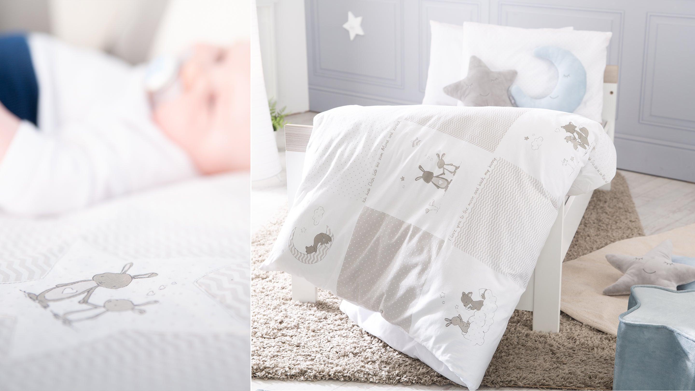 Vorschaubild Kollektion Fox & Bunny mit Bettwäsche in Weiß / Hellgrau mit Motivdruck in Kinderzimmer