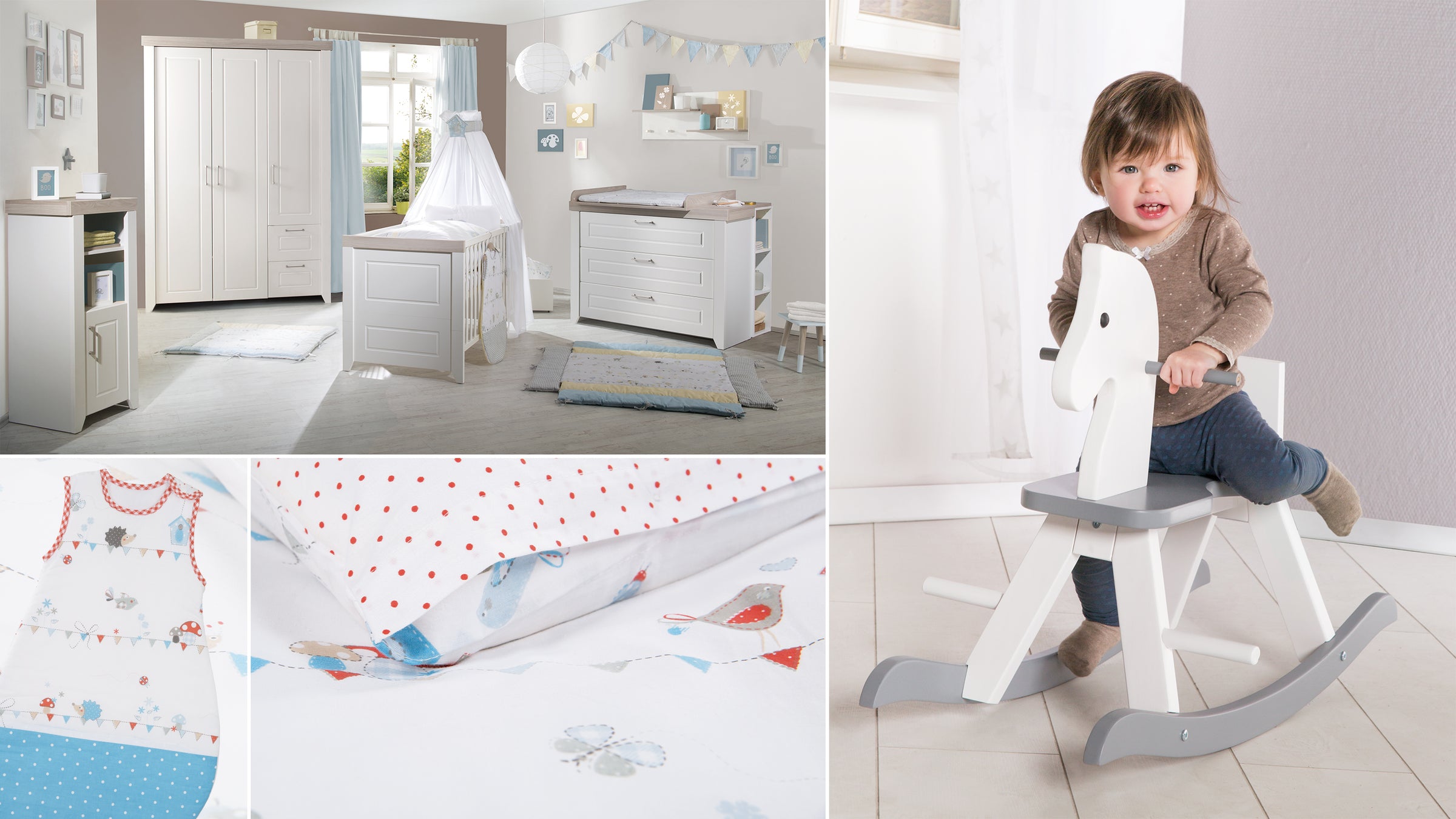 Vorschaubild Kollektion Babyzubehör-Outlet, 4-teilige COllage mit Kind auf Schaukelpferd weiß / grau, Kinderzimmer Felicia, Schlafsack und Bettwäsche aus Kollektion Vogeltanz