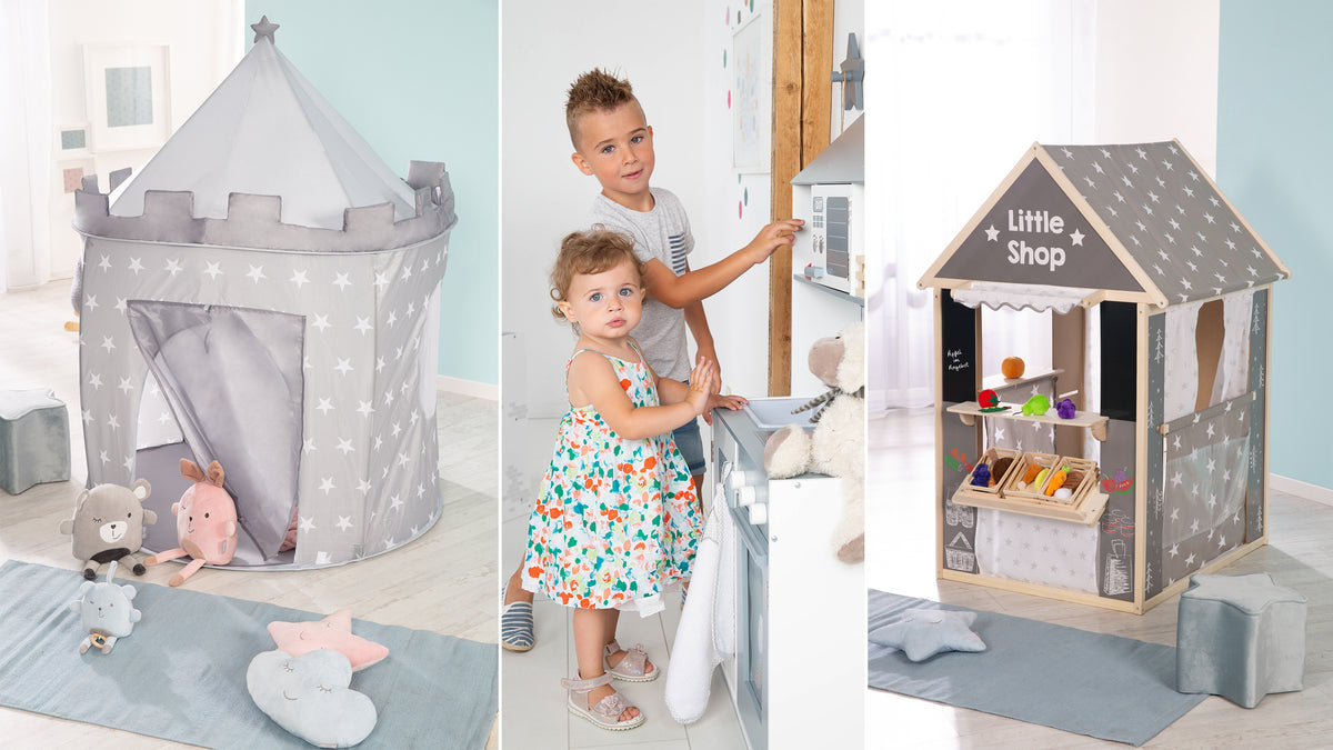 Vorschaubild Kollektion Spielwelten - Ritterburg-Zelt im Design Little Stars, Spielhaus-Kombination und zwei Kinder