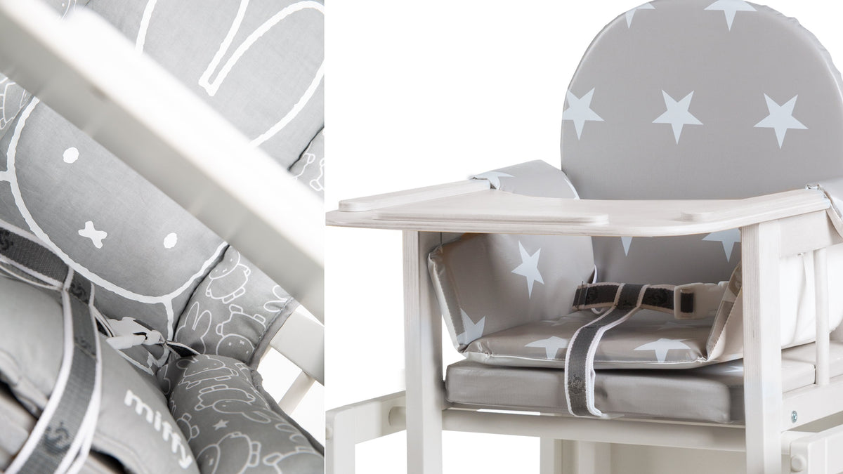 Sitzverkleinerer für Hochstühle bezogen in grauem Stoff mit Miffy-Motiv