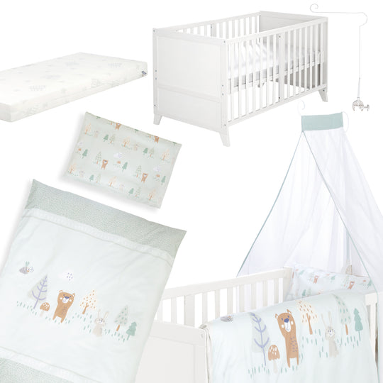 Ensemble de lit bébé 'Woodland Buddies' 70 x 140 incl. complet équipement - Blanc / vert pastel – Photo du produit (5/18)