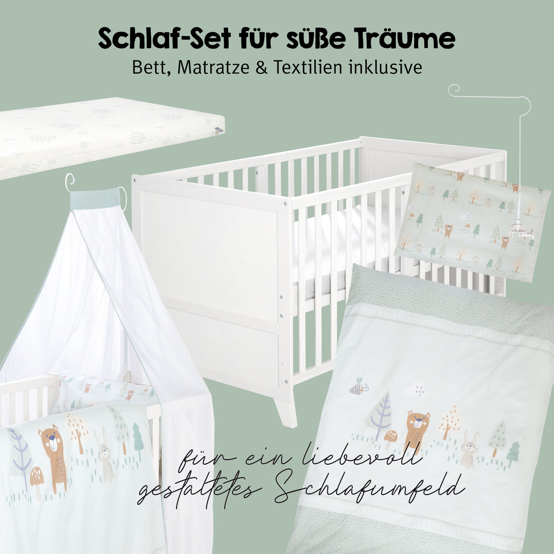 Ensemble de lit bébé 'Woodland Buddies' 70 x 140 incl. complet équipement - Blanc / vert pastel – Détourage (6/18)