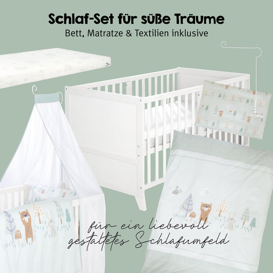 Ensemble de lit bébé 'Woodland Buddies' 70 x 140 incl. complet équipement - Blanc / vert pastel – Détourage (6/18)