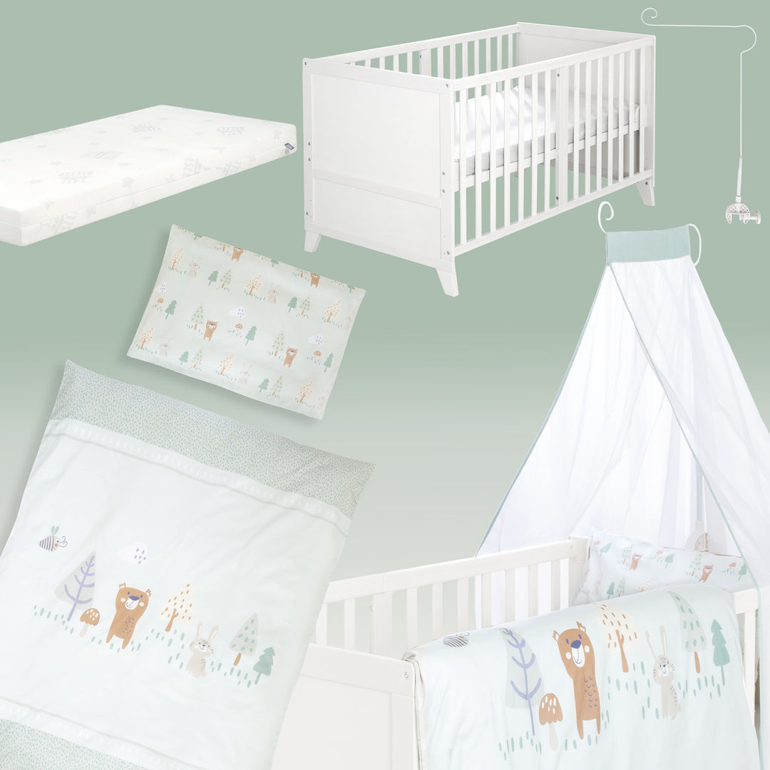 Ensemble de lit bébé 'Woodland Buddies' 70 x 140 incl. complet équipement - Blanc / vert pastel – Détourage (3/18)