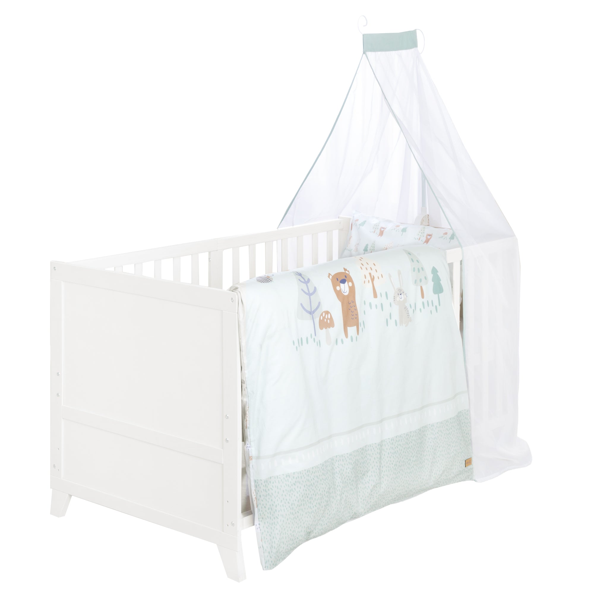 Baby Bed Set 'Woodland Buddies' 70 x 140 incl. Complete Accessories/Equipment - White / Pastel Green – Cutout (1/18)