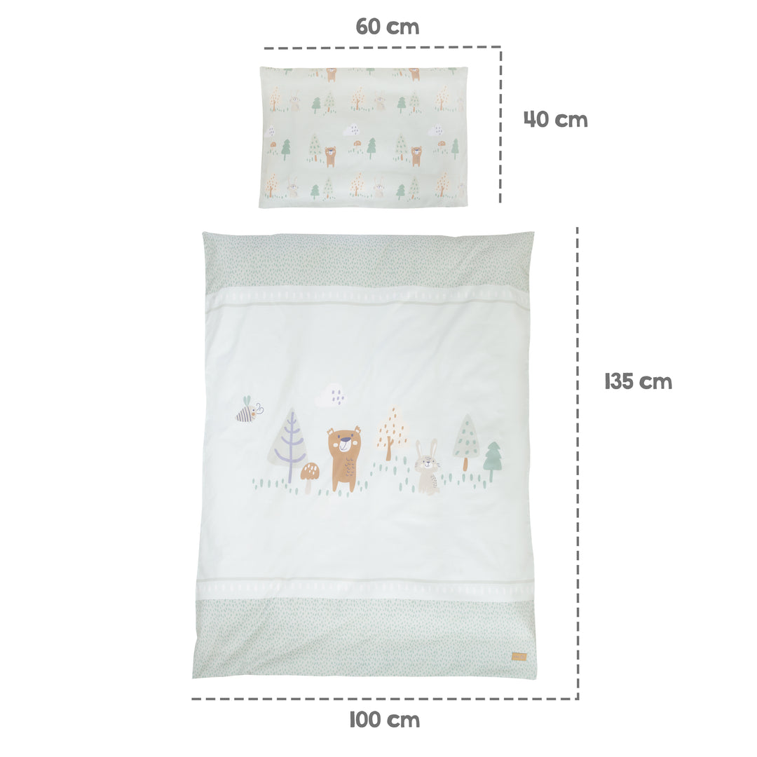 Ensemble de lit bébé 'Woodland Buddies' 70 x 140 incl. complet équipement - Blanc / vert pastel – Infographie (18/18)