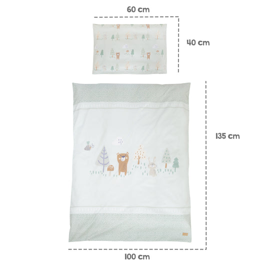 Ensemble de lit bébé 'Woodland Buddies' 70 x 140 incl. complet équipement - Blanc / vert pastel – Infographie (18/18)