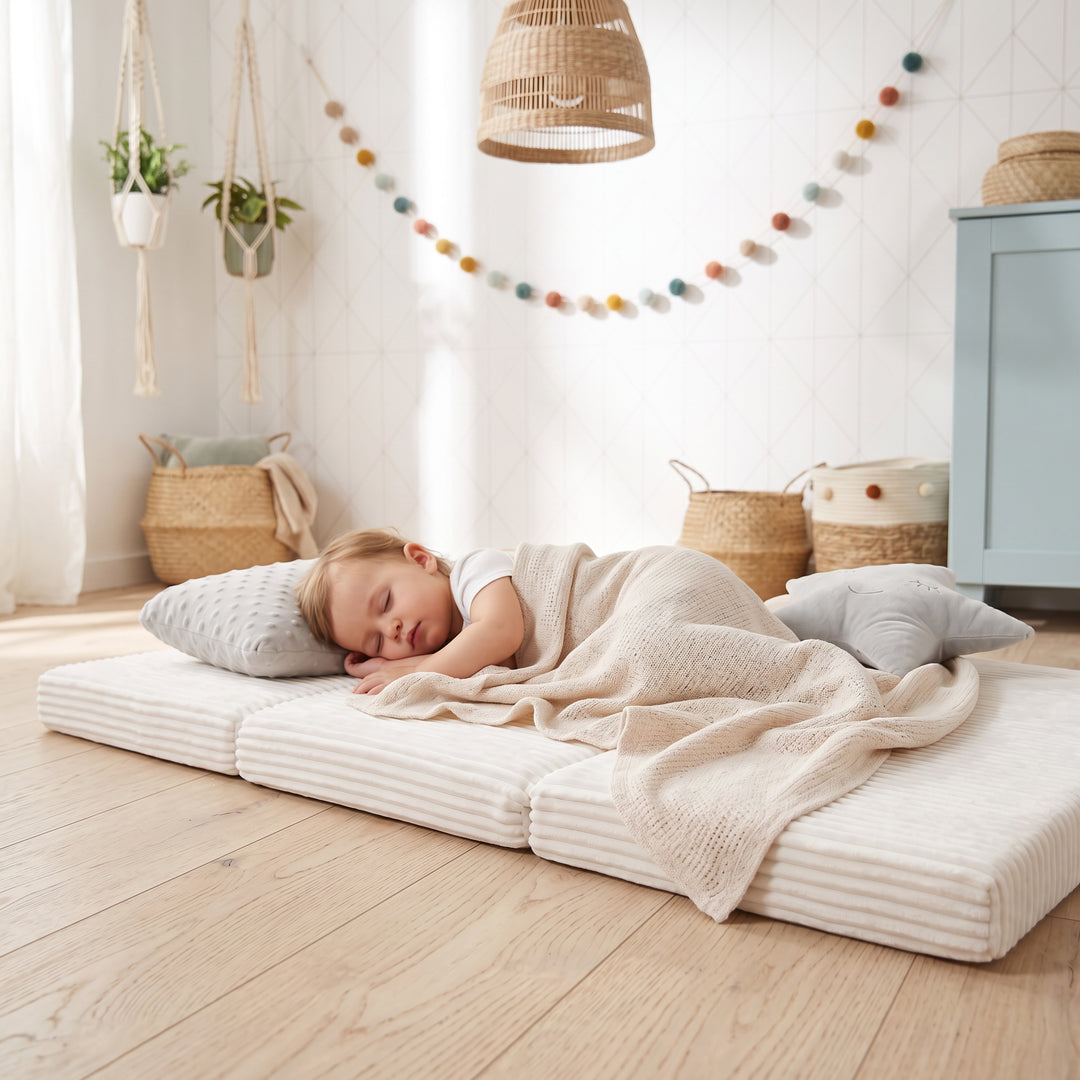 Lifestyle-Bild: Schlafendes Kleinkind, in eine gestrickte Decke gehüllt, liegt auf der ausgeklappten Reisebettmatratze in Beige neben einem Plüsch-Stern, im Hintergrund ein Kinderzimmer mit Makramee-Pflanzenampeln, Bommel-Girlande und Rattan-Hängelampe.