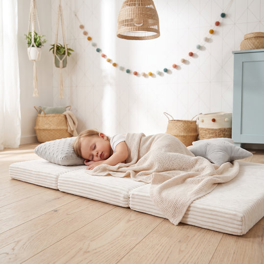 Lifestyle-Bild: Schlafendes Kleinkind, in eine gestrickte Decke gehüllt, liegt auf der ausgeklappten Reisebettmatratze in Beige neben einem Plüsch-Stern, im Hintergrund ein Kinderzimmer mit Makramee-Pflanzenampeln, Bommel-Girlande und Rattan-Hängelampe.