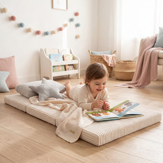 Lifestyle-Bild: Kleinkind in cremefarbenem Strickpulli liegt bäuchlings auf der ausgeklappten Reisebettmatratze in Beige und liest ein Bilderbuch, im Hintergrund ein Zimmer mit Bücherregal, Bommel-Girlande und rosafarbenen Kissen.