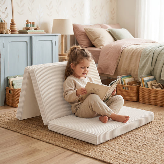 Lifestyle-Bild: Größeres Kind sitzt im Schneidersitz auf der Reisebettmatratze in Beige, die als Sitz mit hochgeklapptem Rückenteil genutzt wird, und liest ein Buch; im Hintergrund ein Bett mit rosa und grüner Bettwäsche, Bücherkörbe und ein hellblaues Sideboard.