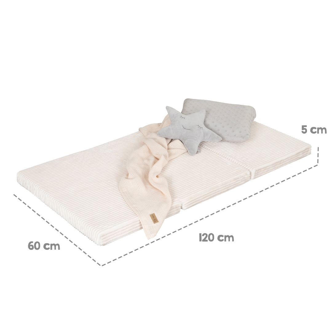 Maßgrafik der ausgeklappten Reisebettmatratze in Beige: Länge 120 cm, Breite 60 cm, Höhe 5 cm.