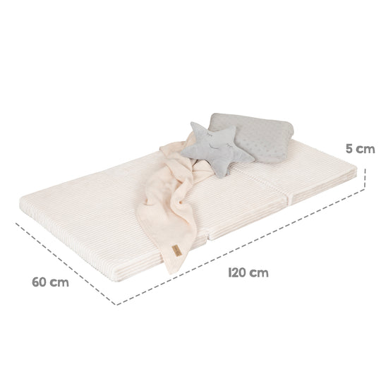 Maßgrafik der ausgeklappten Reisebettmatratze in Beige: Länge 120 cm, Breite 60 cm, Höhe 5 cm.