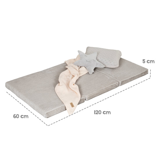Maßgrafik der ausgeklappten Reisebettmatratze in Grau: Länge 120 cm, Breite 60 cm, Höhe 5 cm.