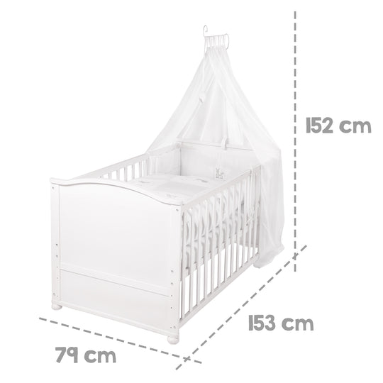 Complete Bed Set 'Fox & Bunny', 70 x 140 cm, Convertible, White, incl. Bedding, Canopy, Nest Bumper & Mattress – Infographic (6/9)