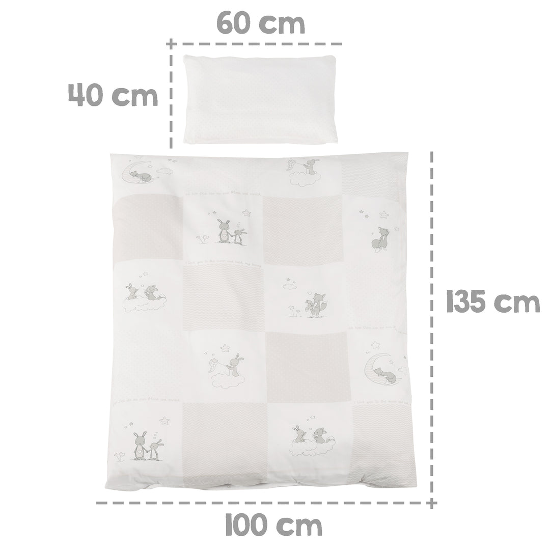 Complete Bed Set 'Fox & Bunny', 70 x 140 cm, Convertible, White, incl. Bedding, Canopy, Nest Bumper & Mattress – Infographic (7/9)