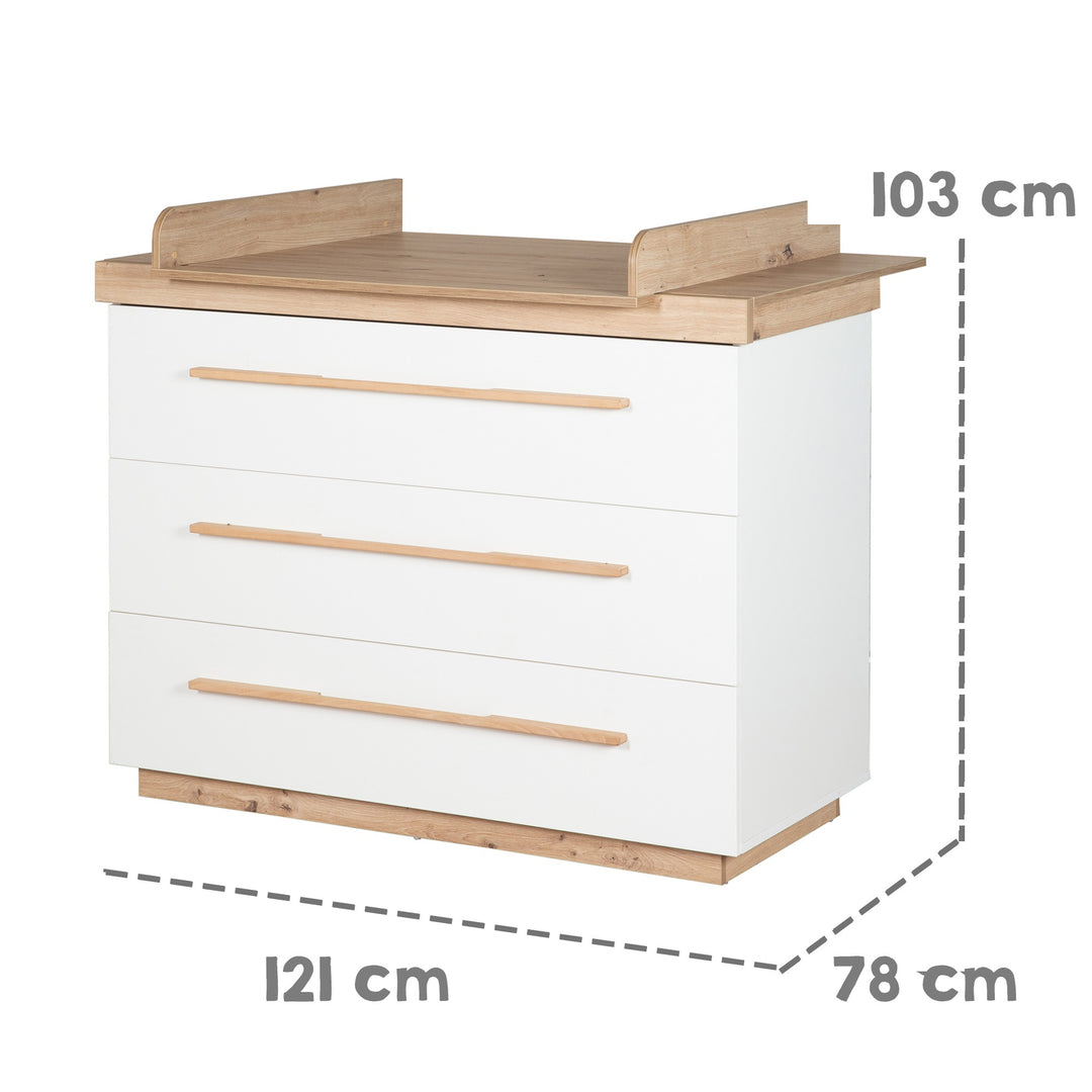 Chambre d'enfant set 'Lumo' 3pièces - Lit combiné + commode à langer + armoire - Blanc / artisan chêne – Infographie (5/25)