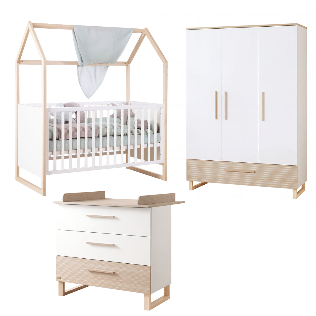 Set cameretta 'Noah' 3pezzi con letto a casetta in 70x140 cm - Bianco / tristan rovere – Ritaglio (2/31)