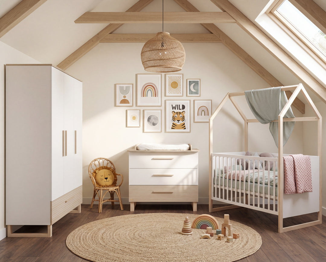 Set cameretta 'Noah' 3pezzi con letto a casetta in 70x140 cm - Bianco / tristan rovere – Foto d'ambiente (3/31)