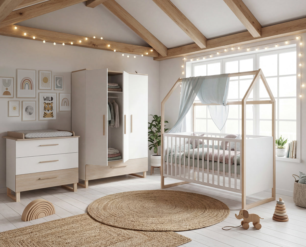 Set cameretta 'Noah' 3pezzi con letto a casetta in 70x140 cm - Bianco / tristan rovere – Foto d'ambiente (1/31)
