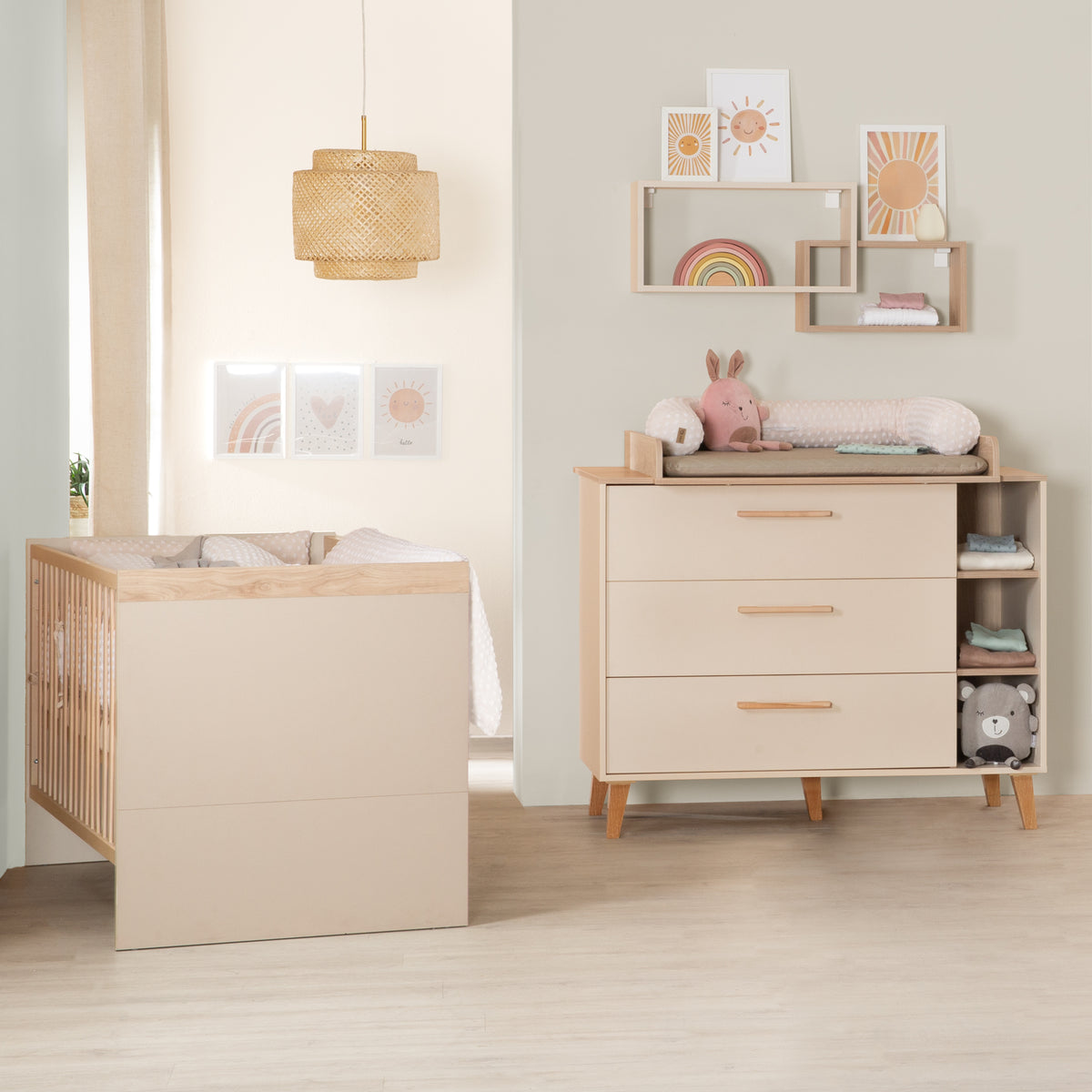 Furniture Set Jil 2-Piece - Convertible Cot Bed 70X140cm + Changing Table - Cashmere / Chestnut – Lifestyle Image (1/20)