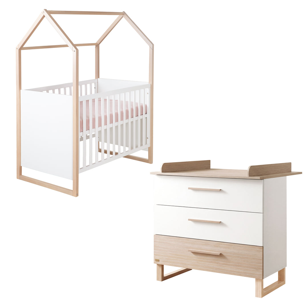 Set mobili per neonati 'Noah' 2pezzi con letto a casetta in 60x120 cm - Bianco / tristan rovere – Ritaglio (1/16)