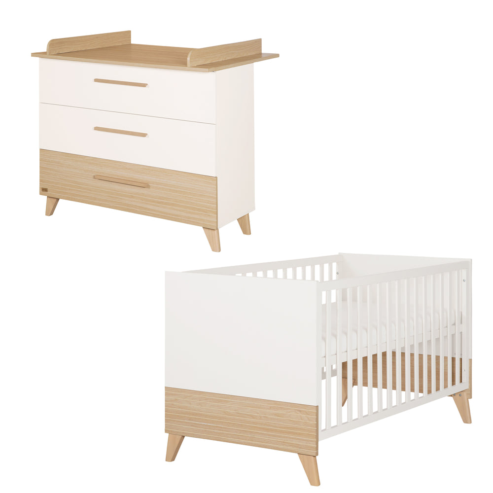 Möbelset 'Theo' 2-teilig - Umbaubares Babybett 70x140 + Wickelkommode - Weiß / Eiche – Freisteller (2/36)