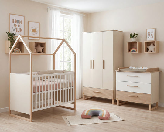 Set cameretta neonati 'Noah' 3pezzi con letto a casetta in 60x120 cm - Bianco / tristan rovere – Foto d'ambiente (2/25)