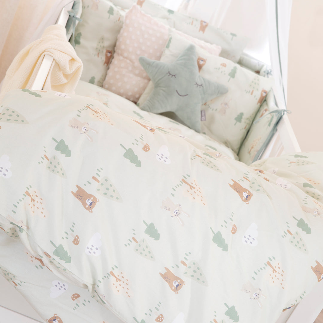 Parure de lit enfant 'Woodland Buddies' 4pièces - Ciel de lit, tour de lit & linge de lit - Vert pastel – Photo de détail (6/9)