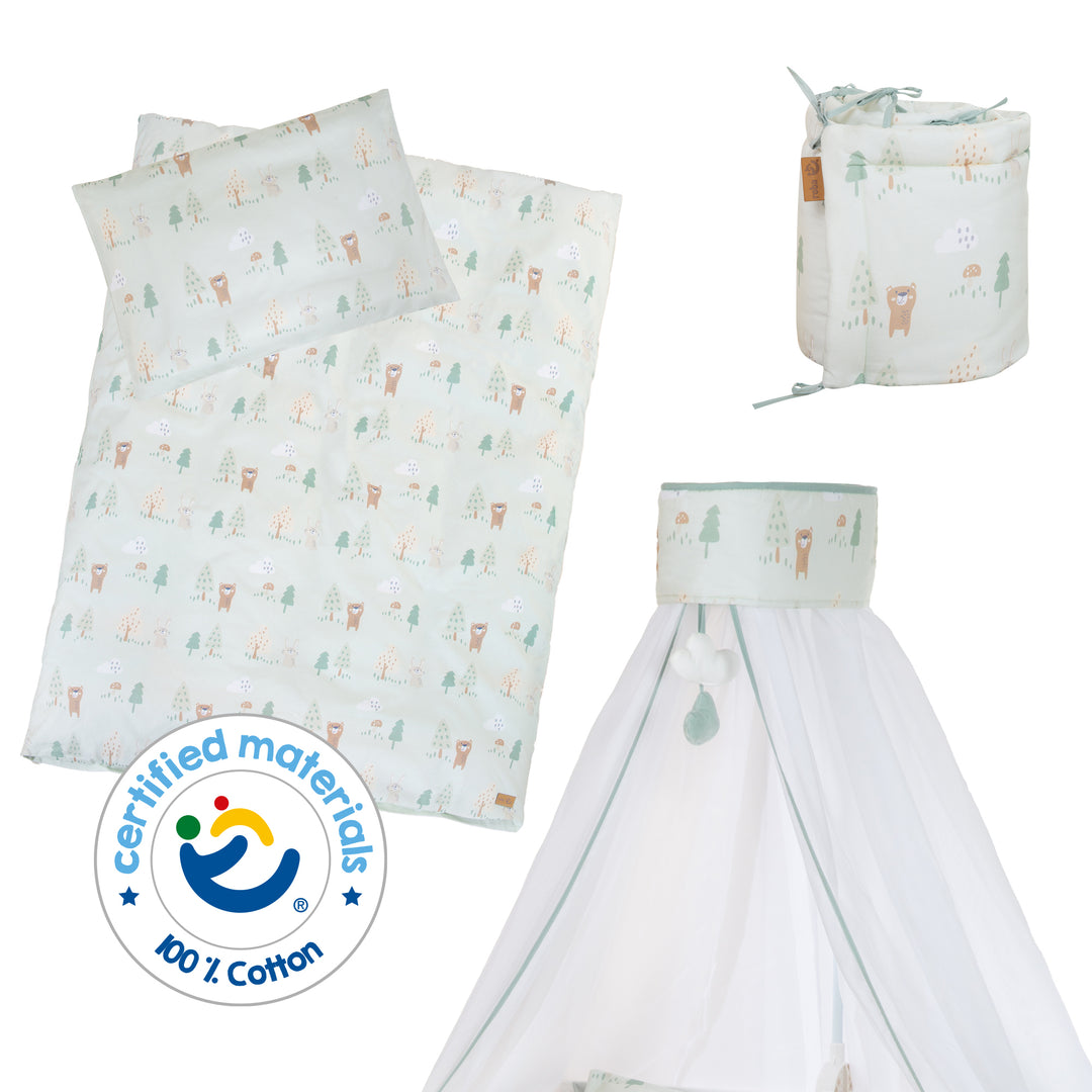 Parure de lit enfant 'Woodland Buddies' 4pièces - Ciel de lit, tour de lit & linge de lit - Vert pastel – Infographie (9/9)