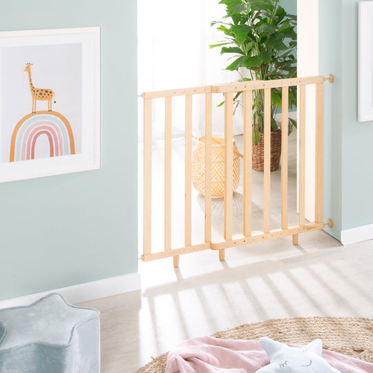 Barrera para puertas para sujeción - Anchura 62 - 105 cm - Barrera para escaleras para niños y mascotas - Natural – Foto ambientada (4/6)