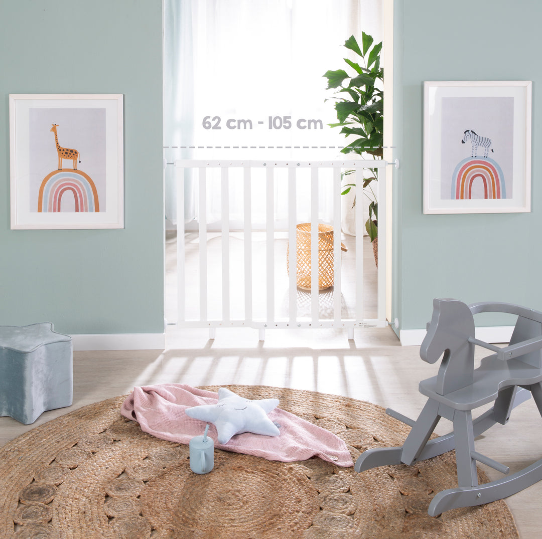 Cancelletto per porte per incastro - Larghezza 62 - 105 cm - Cancelletto per scale per bambini e animali domestici - Bianco – Infografica (8/8)