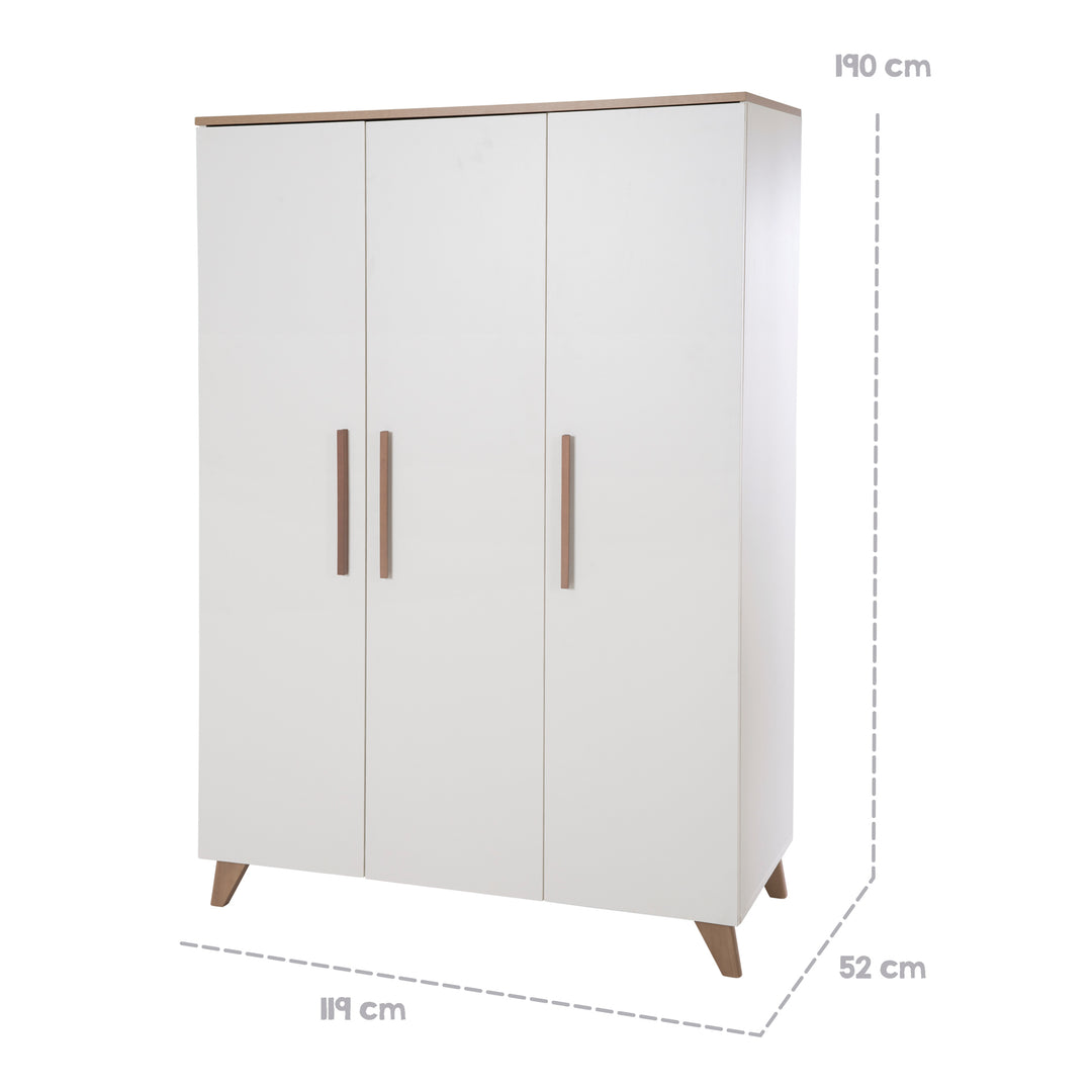 Armadio 'Ole' 3ante con maniglie in legno & piedi - Bianco / decoro rovere – Infografica (7/11)