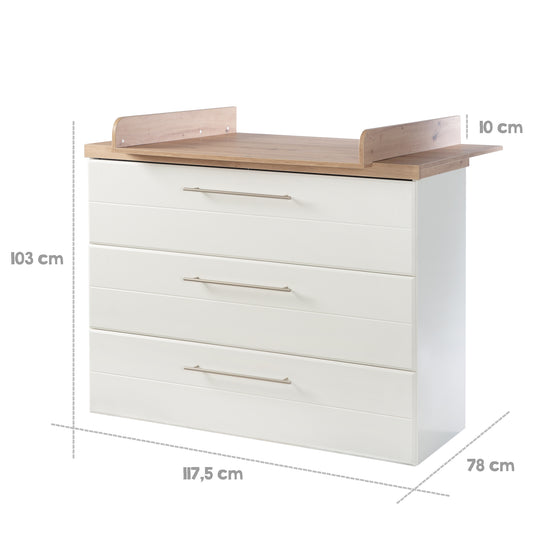 Cómoda cambiador 'Nele' ancho, incl. plano cambiador extraíble, 3 cajones, corona decorativa en 'Artisan roble' – Infografía (4/10)
