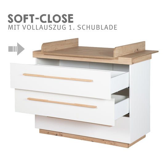 Commode à langer 'Lumo' avec soft-close tiroirs & extension totale - Blanc / artisan chêne – Détourage (9/11)