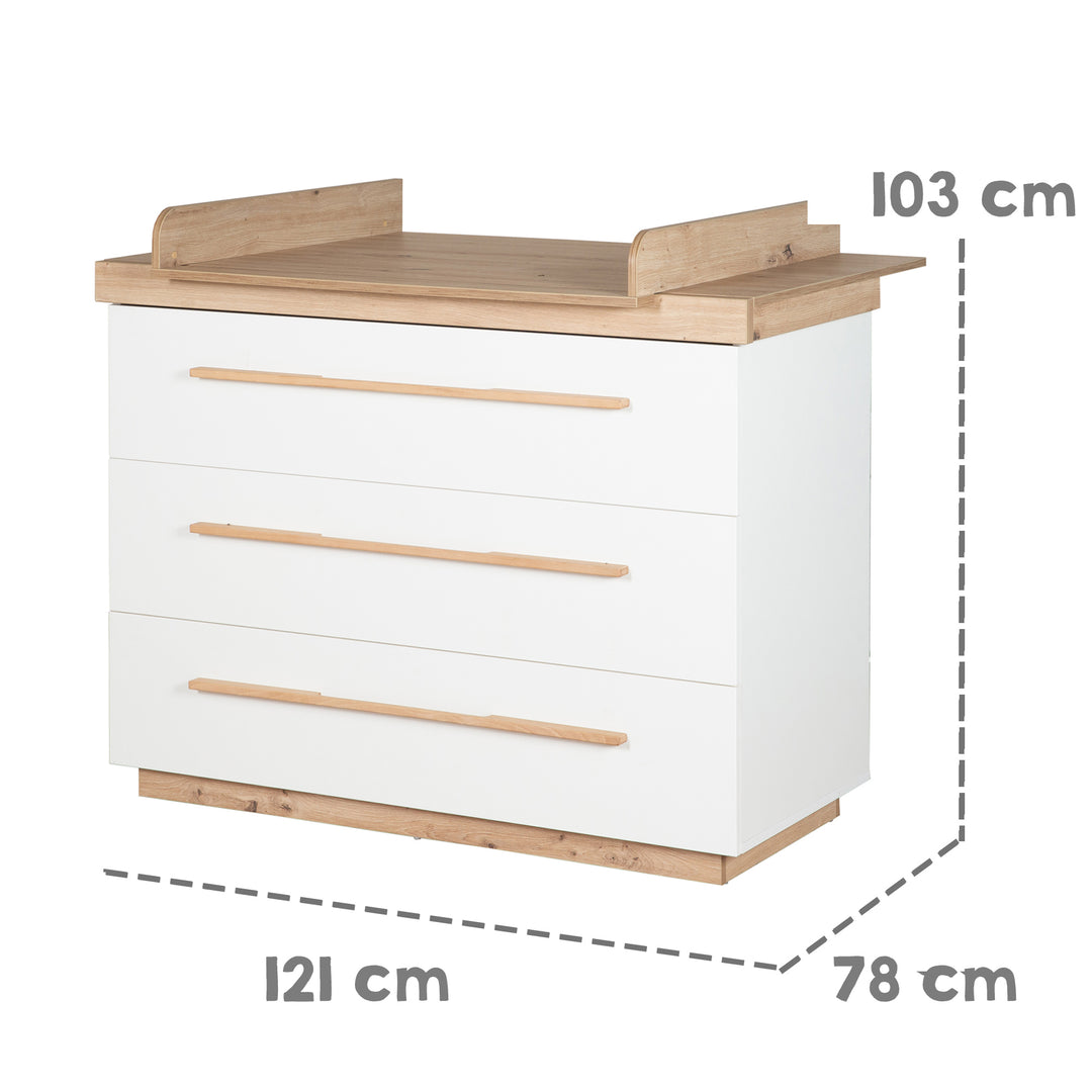 Commode à langer 'Lumo' avec soft-close tiroirs & extension totale - Blanc / artisan chêne – Infographie (11/11)