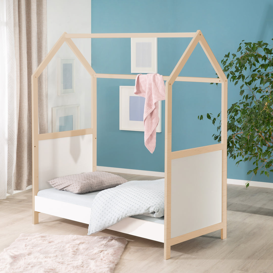 Letto a casetta 70 x 140 cm, certificato FSC, lettino combinato, bicolore, 3posizioni regolabile, trasformabile – Foto d'ambiente (4/11)