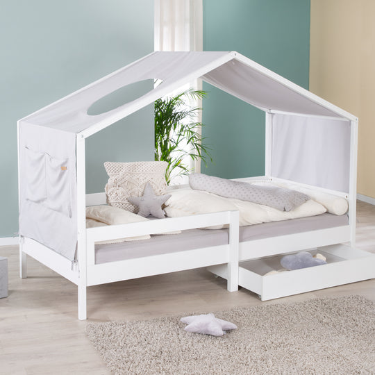 House Bed 90 x 200 cm with Side Rail - Montessori Children's Bed - Wood White – Lifestyle Image (1/13)