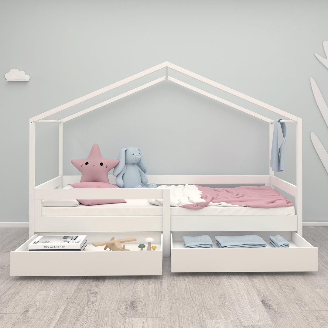 House Bed 90 x 200 cm with Side Rail - Montessori Children's Bed - Wood White – Lifestyle Image (10/13)