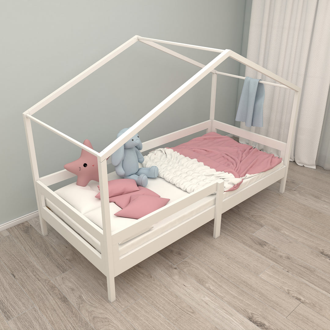 House Bed 90 x 200 cm with Side Rail - Montessori Children's Bed - Wood White – Lifestyle Image (6/13)
