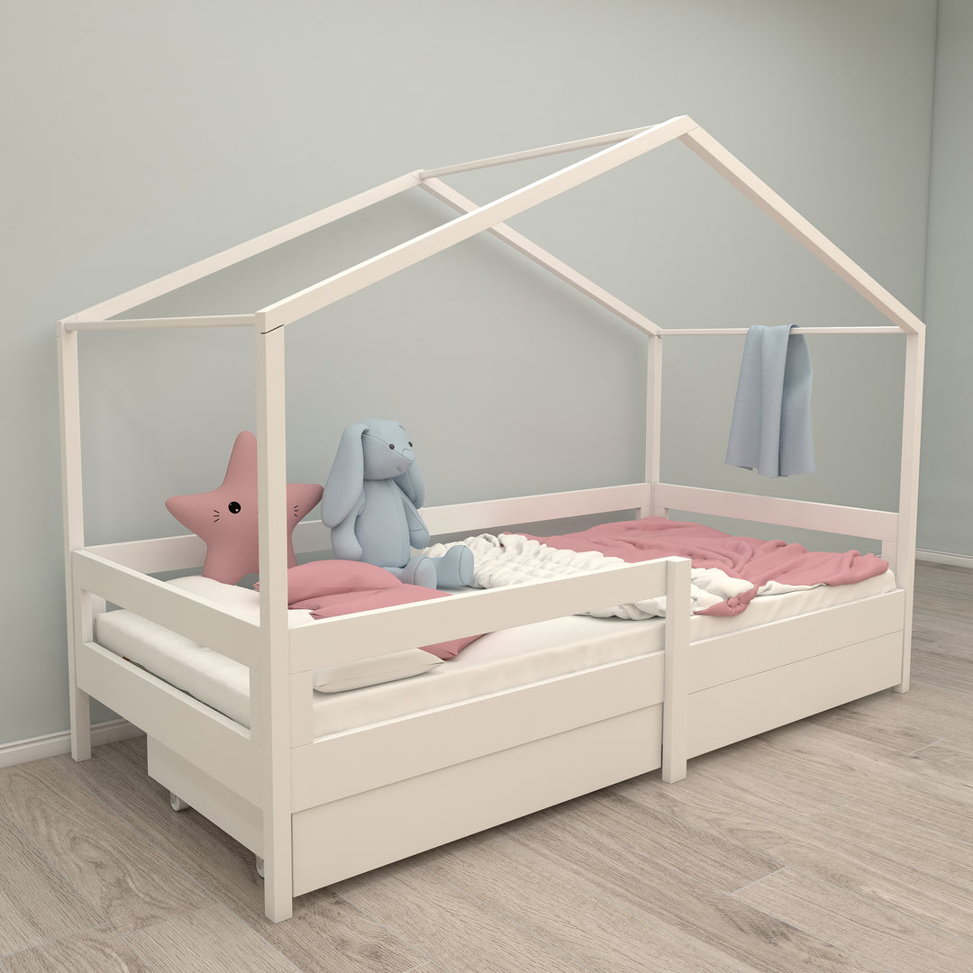 House Bed 90 x 200 cm with Side Rail - Montessori Children's Bed - Wood White – Lifestyle Image (8/13)