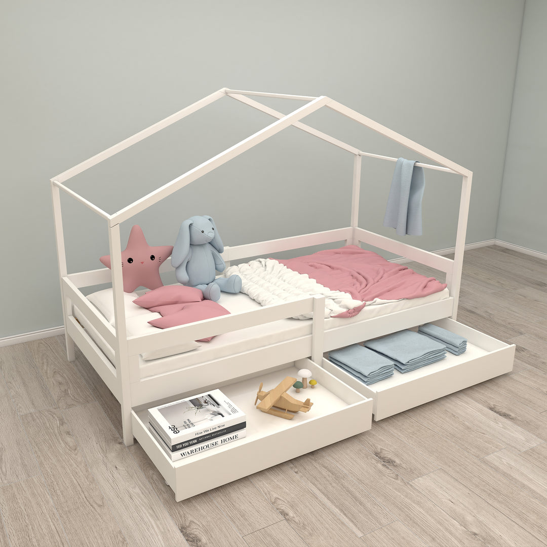 House Bed 90 x 200 cm with Side Rail - Montessori Children's Bed - Wood White – Lifestyle Image (9/13)