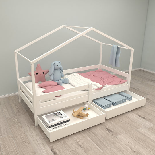 House Bed 90 x 200 cm with Side Rail - Montessori Children's Bed - Wood White – Lifestyle Image (9/13)