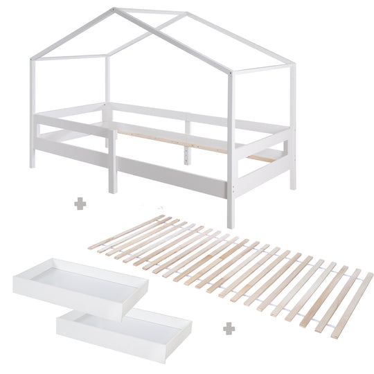 House Bed 90 x 200 cm with Side Rail - Montessori Children's Bed - Wood White – Cutout (12/13)