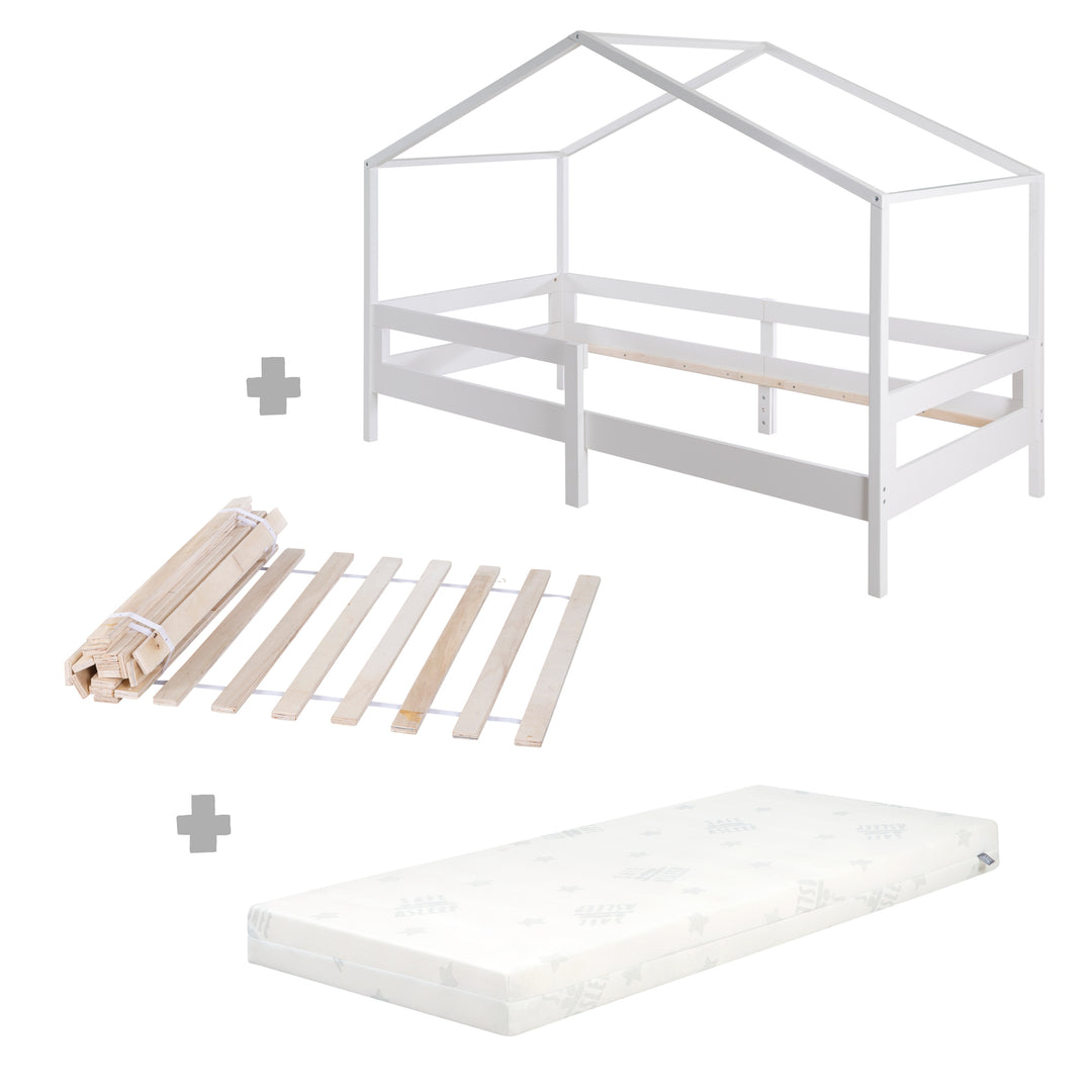 House Bed 90 x 200 cm with Side Rail - Montessori Children's Bed - Wood White – Cutout (13/13)
