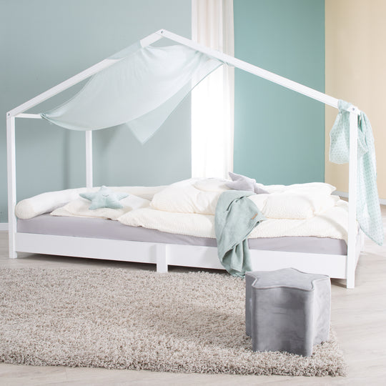 Letto a casetta 90 x 200 cm - Letto a terra per bambini secondo il principio montessori - Legno bianco – Foto d'ambiente (5/11)