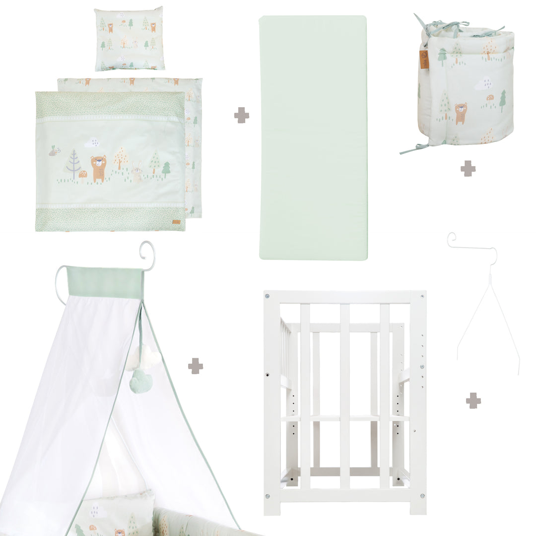 Crib 4 in 1 'Woodland Buddies' incl. Textile Accessories - White / Pastel Green – Infographic (7/14)