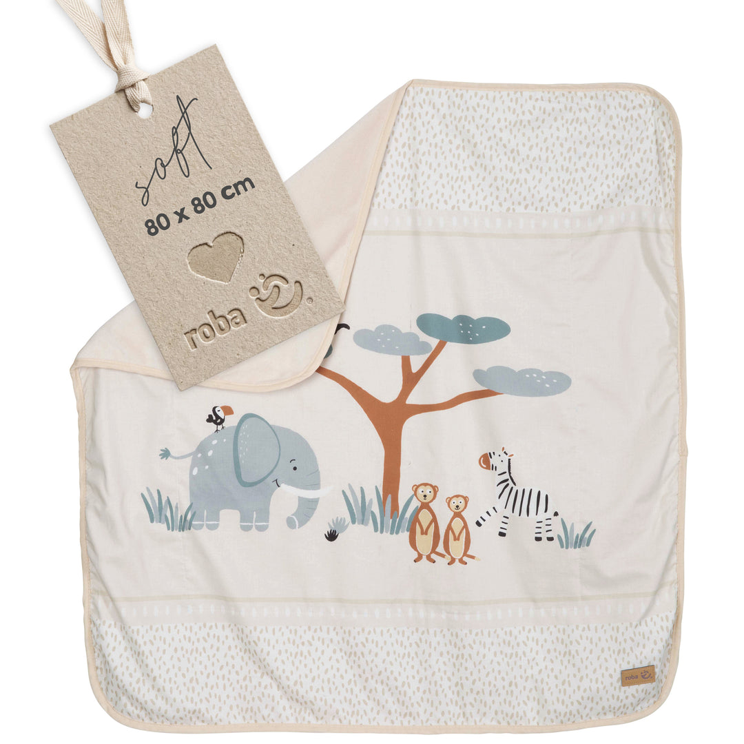 Babydecke "Savanna Friends" 80 x 80 cm gefaltet mit Hänge-Etikett – bestickte Savannen-Szene mit Elefant, Baum, Zebra und Erdmännchen auf beigem, gepunktetem Stoff